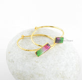Tourmaline Quartz Earrings, Bi Tourmaline 6x18mm Baguette Gemstone Hoop Earring, Gold Plated Sterling Silver Earrings